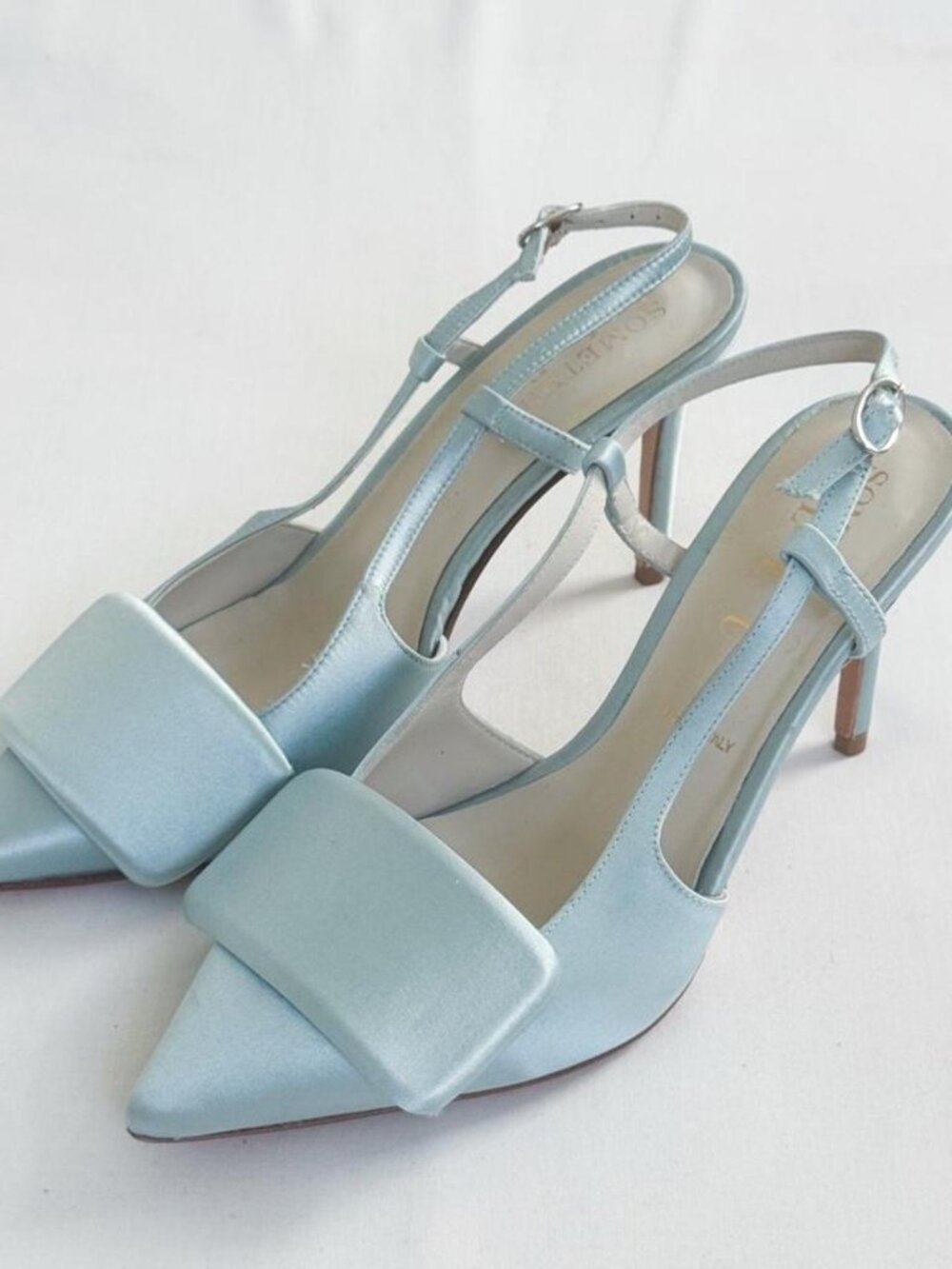 Cinderella blue satin sling back designer heels